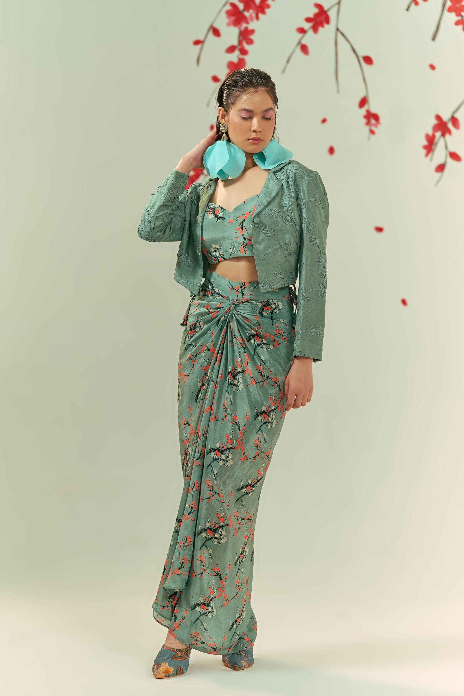 Thumbnail preview #2 for Kaze Embroidered Blazer With Printed Bustier And Skirt Co-ord Set