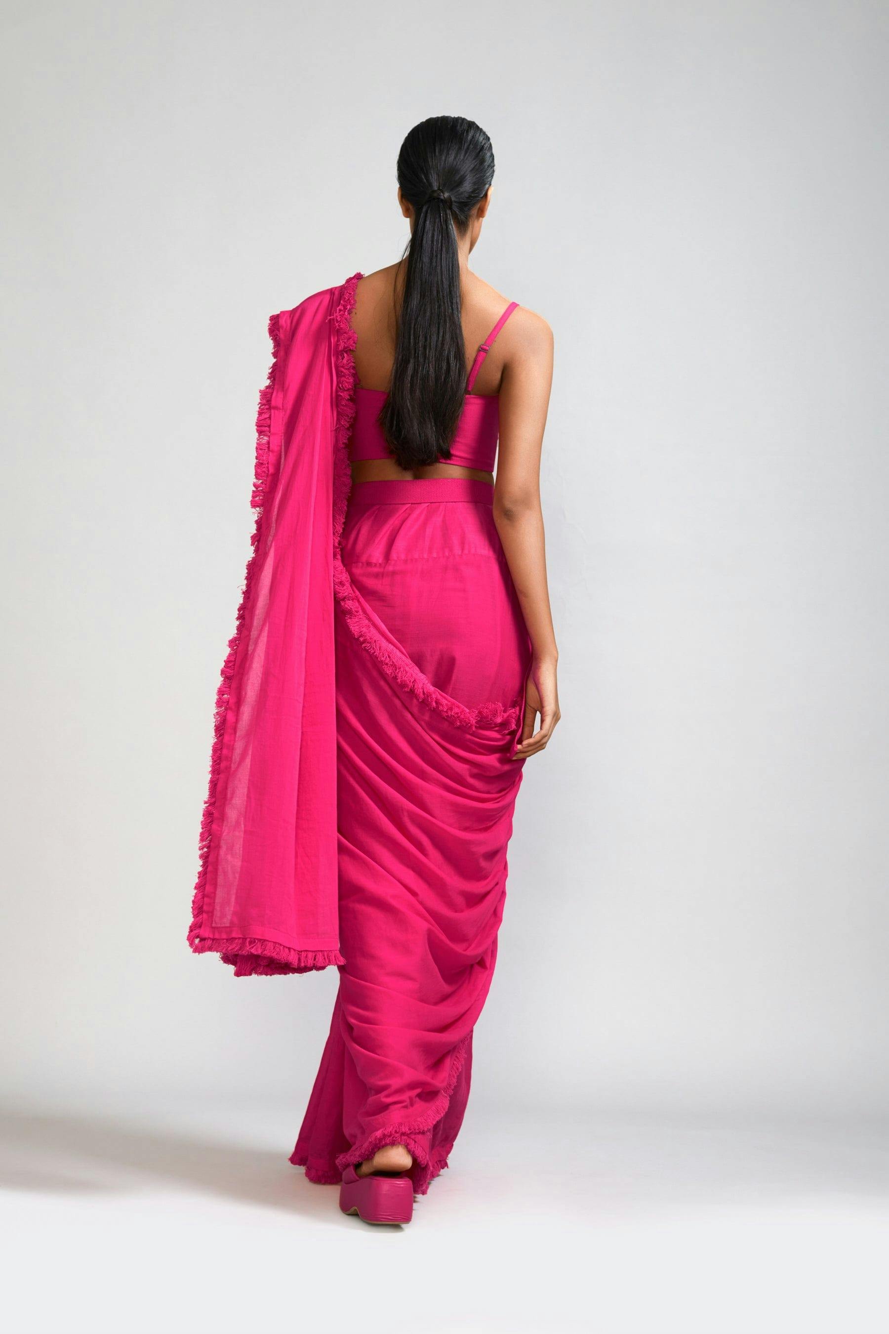 Thumbnail preview #2 for Pink Fringed Saree & Fringed Corset Set (2 PCS)