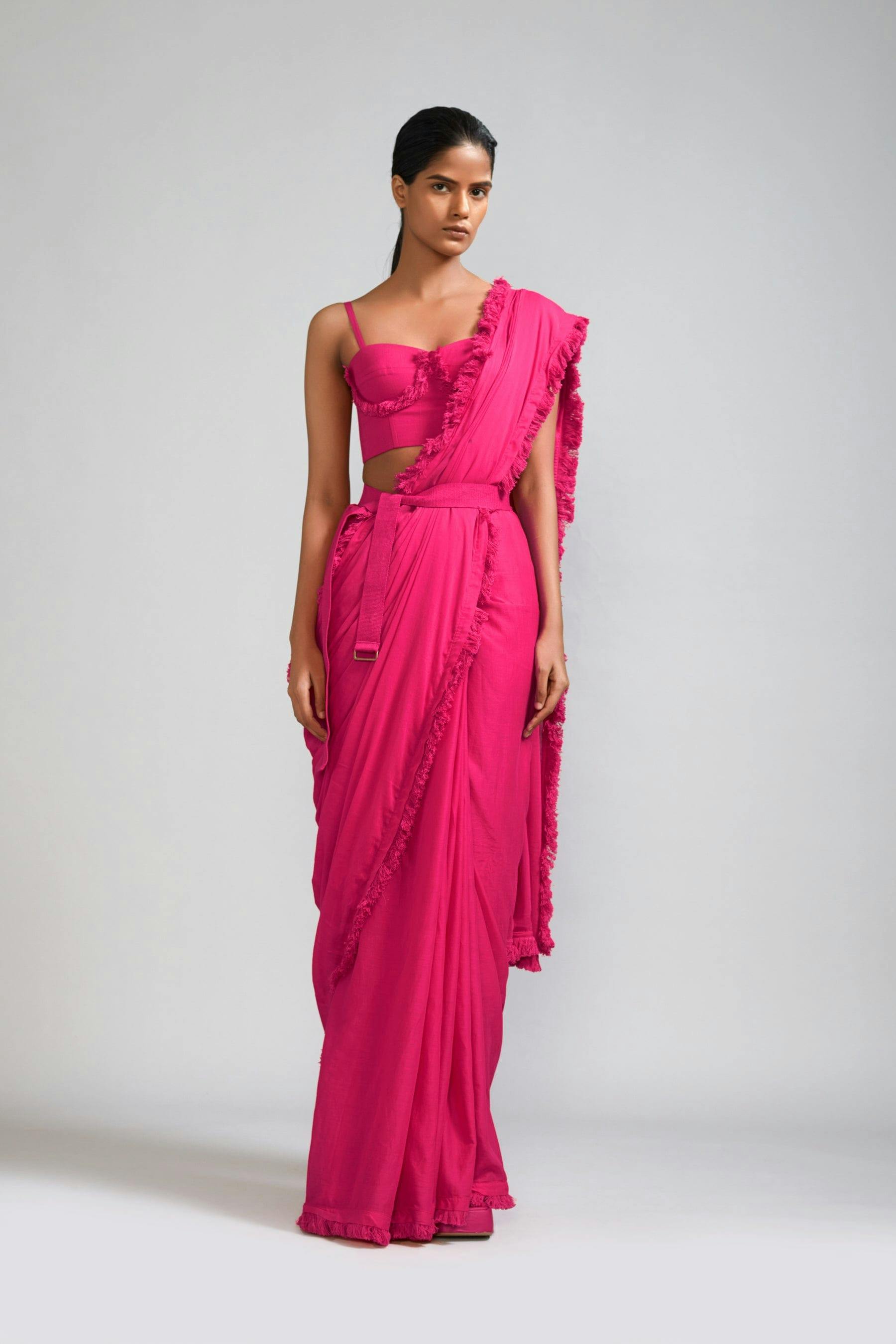 Pink Fringed Saree & Fringed Corset Set (2 PCS), a product by Style Mati