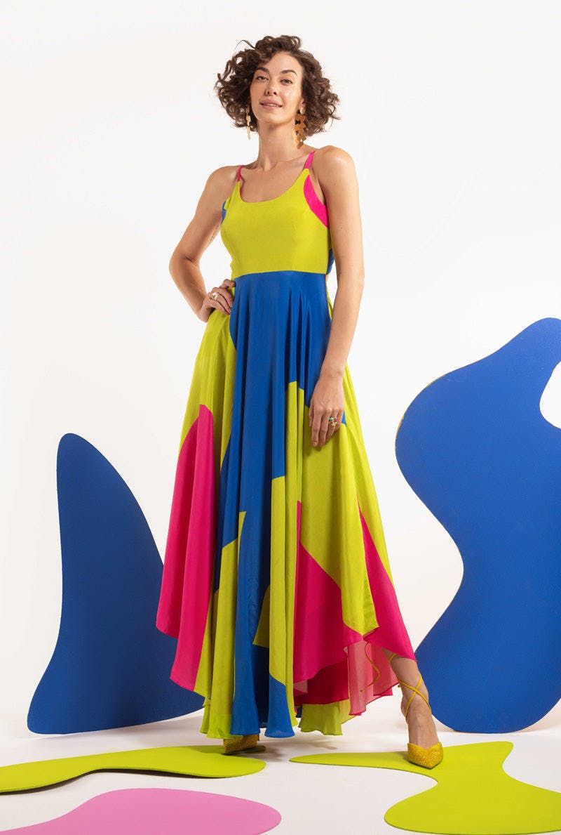 Lime-hot pink-blue Women Back tie up high low maxi  - DOPAMINE, a product by Nautanky