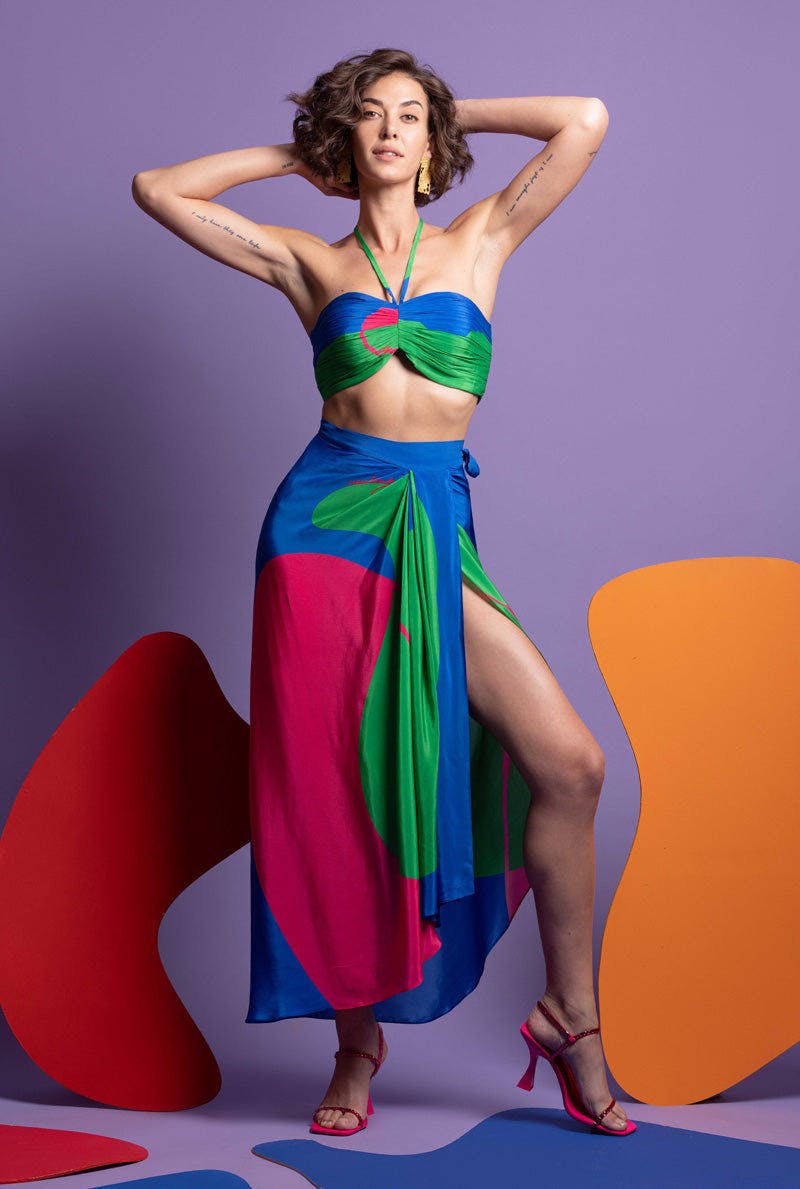 Green and hot Pink  Women Wrap around skirt with Bustier - HIT REFRESH, a product by Nautanky